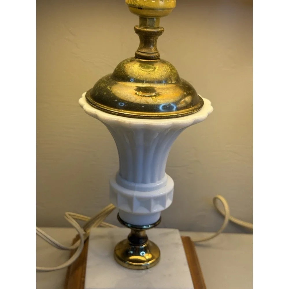 Vintage Milk Glass Brass Urn Table Lamps Marble Wood Base Mid Century Set